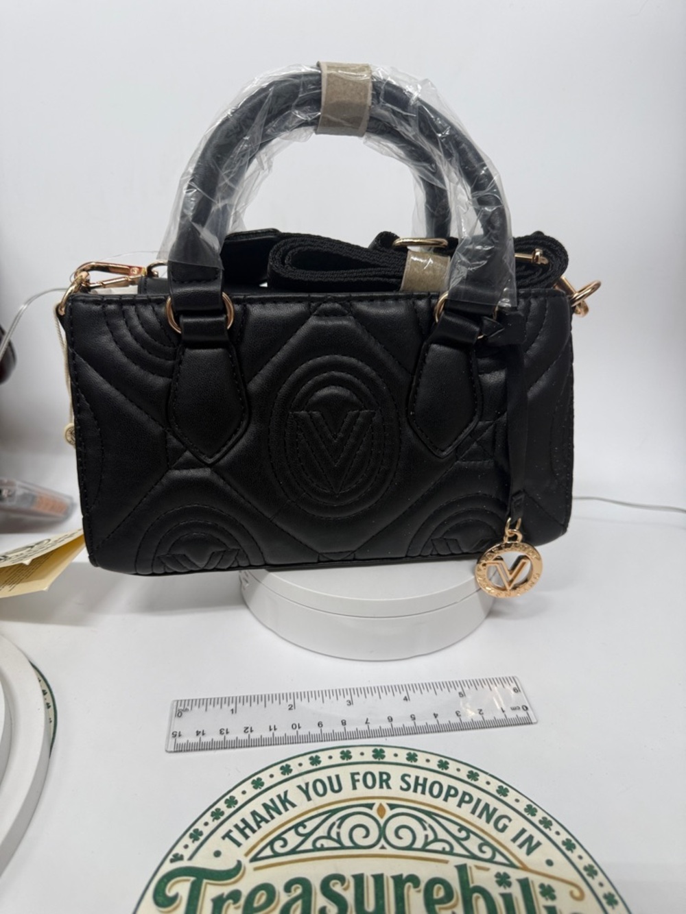 Valentino Orlandi Black Mini Quilted Satchel with Gold Charm w/crossbody